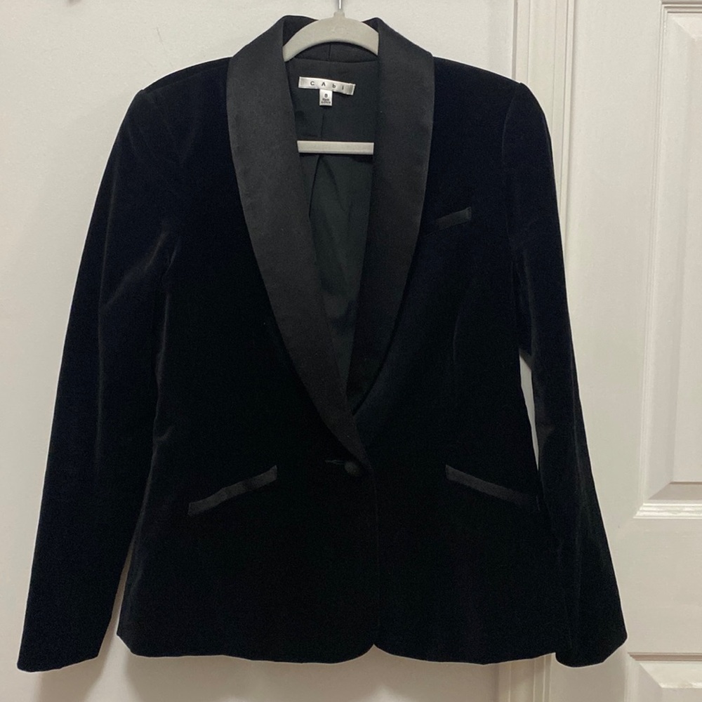 Cabi Black Tuxedo Blazer Jacket covered buttons preppy Sz 8